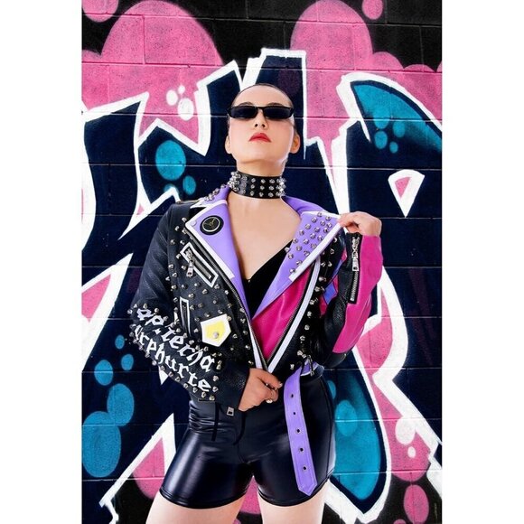 DARKSHE Women's Faux Leather Taskmaster, Black/Purple Jacket Fashion Coat - Picture 3 of 6